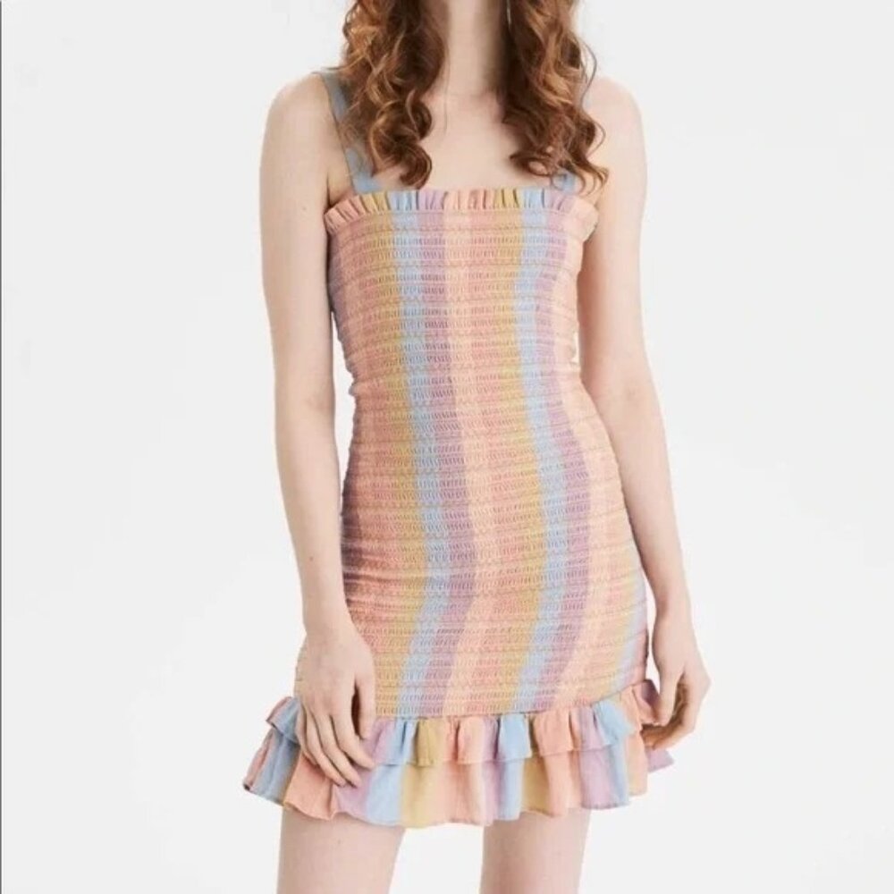 AE American Eagle Mini Tank Dress Pastel Striped Multicolor Smocked Ruffles